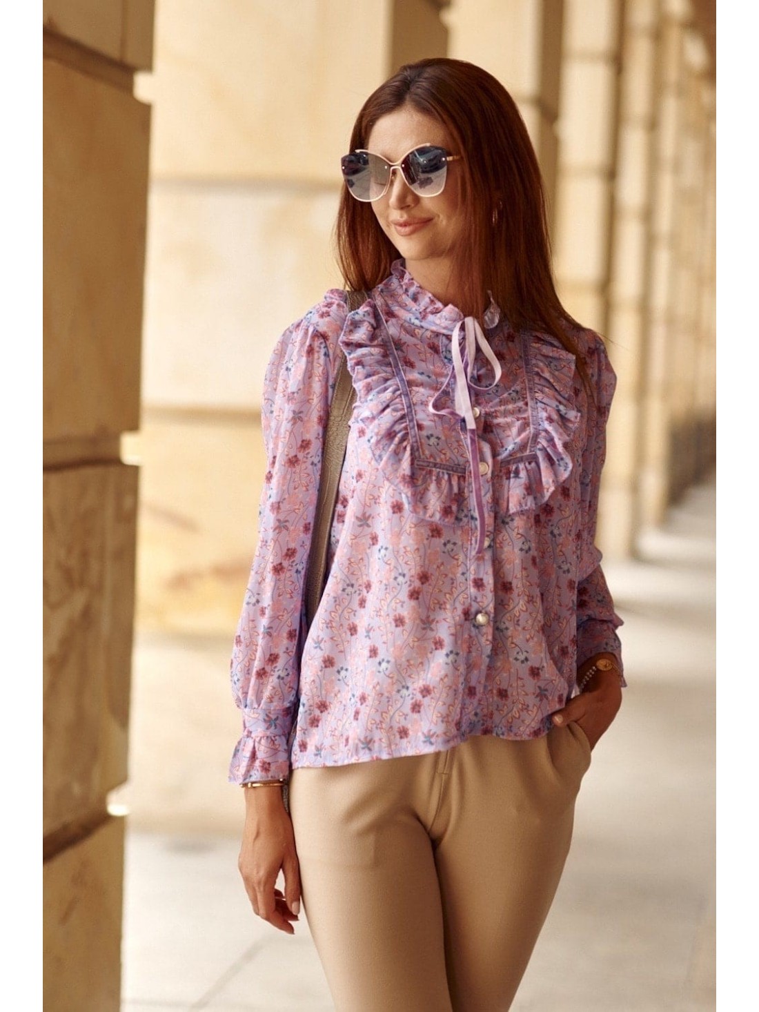 Chiffon shirt with flowers, purple 8100 - Online store - Boutique